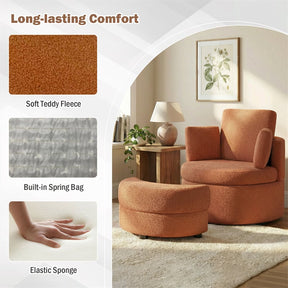 360° Swivel Accent Barrel Chair with Half Moon Storage Ottoman, Teddy Fleece Single Sofa Set with 3 Removable Pillows for Living Room & Bedroom