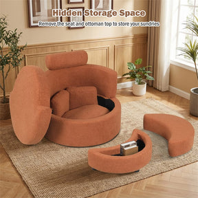 360° Swivel Accent Barrel Chair with Half Moon Storage Ottoman, Teddy Fleece Single Sofa Set with 3 Removable Pillows for Living Room & Bedroom