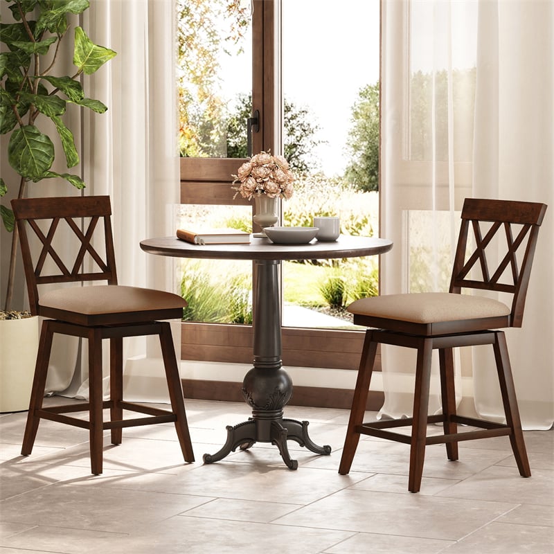 Swivel Bar Stools Set of 2, 24" Counter Height Chairs with Back, Padded Seat & Rubber Wood Frame, Farmhouse Barstools for Kitchen Island