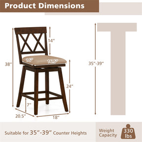 Swivel Bar Stools Set of 2, 24" Counter Height Chairs with Back, Padded Seat & Rubber Wood Frame, Farmhouse Barstools for Kitchen Island
