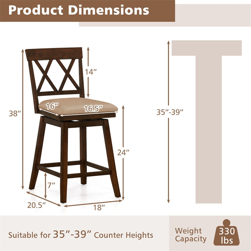 Swivel Bar Stools Set of 2, 24" Counter Height Chairs with Back, Padded Seat & Rubber Wood Frame, Farmhouse Barstools for Kitchen Island