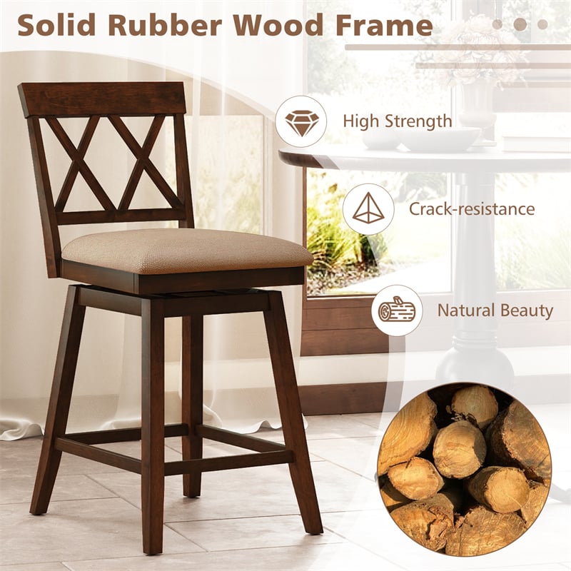 Swivel Bar Stools Set of 2, 24" Counter Height Chairs with Back, Padded Seat & Rubber Wood Frame, Farmhouse Barstools for Kitchen Island