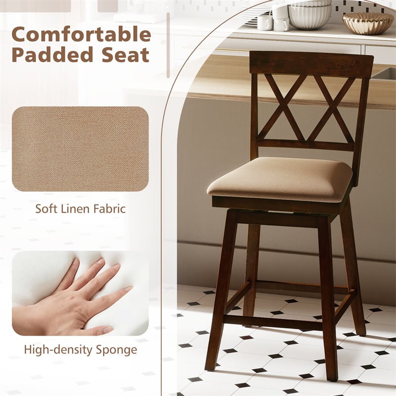 Swivel Bar Stools Set of 2, 24" Counter Height Chairs with Back, Padded Seat & Rubber Wood Frame, Farmhouse Barstools for Kitchen Island