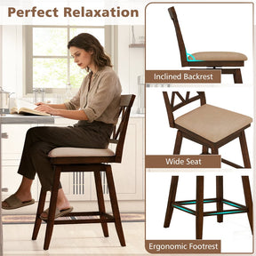 Swivel Bar Stools Set of 2, 24" Counter Height Chairs with Back, Padded Seat & Rubber Wood Frame, Farmhouse Barstools for Kitchen Island