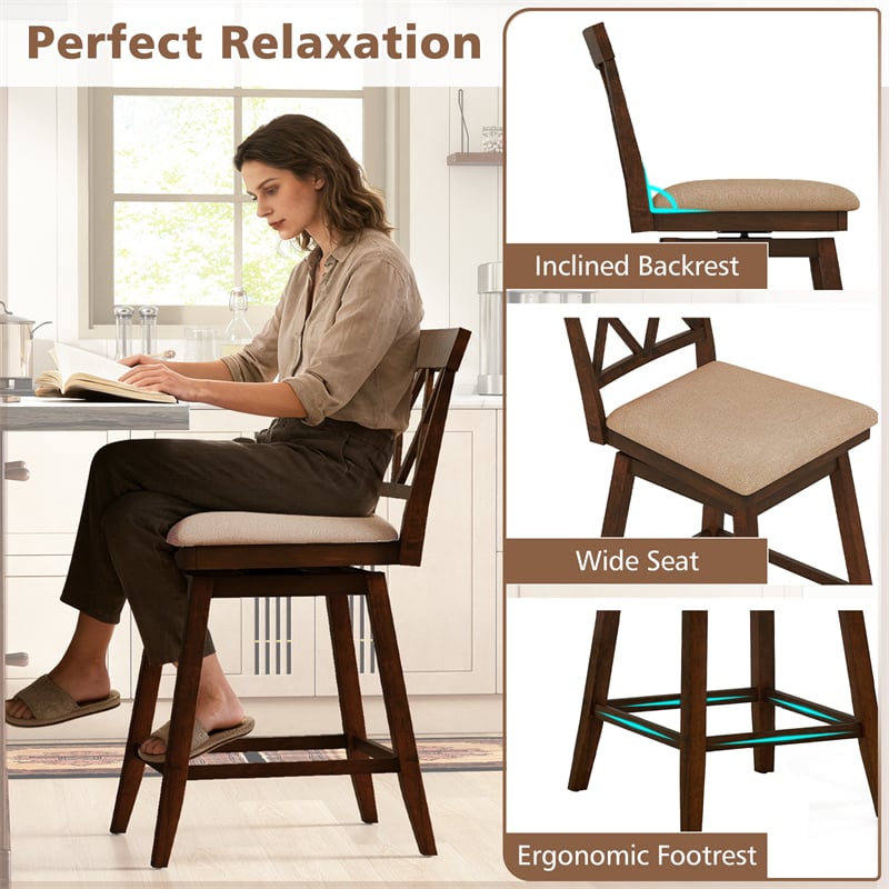Swivel Bar Stools Set of 2, 24" Counter Height Chairs with Back, Padded Seat & Rubber Wood Frame, Farmhouse Barstools for Kitchen Island