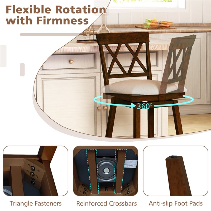 Swivel Bar Stools Set of 2, 24" Counter Height Chairs with Back, Padded Seat & Rubber Wood Frame, Farmhouse Barstools for Kitchen Island
