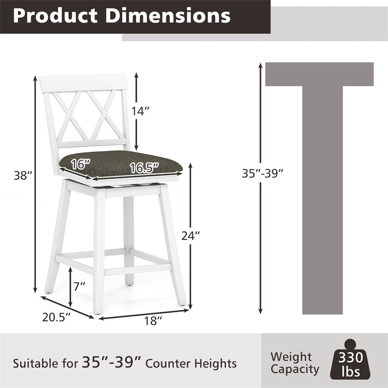 Swivel Bar Stools Set of 2, 24" Counter Height Chairs with Back, Padded Seat & Rubber Wood Frame, Farmhouse Barstools for Kitchen Island
