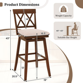 Swivel Bar Stools Set of 2, 29" Bar Height Chairs with Back, Padded Seat & Rubber Wood Frame, Farmhouse Barstools for Kitchen Island