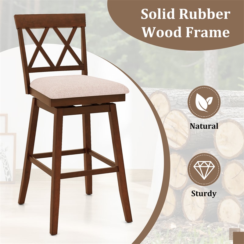 Swivel Bar Stools Set of 2, 29" Bar Height Chairs with Back, Padded Seat & Rubber Wood Frame, Farmhouse Barstools for Kitchen Island