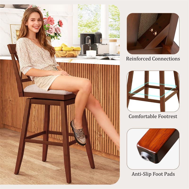 Swivel Bar Stools Set of 2, 29" Bar Height Chairs with Back, Padded Seat & Rubber Wood Frame, Farmhouse Barstools for Kitchen Island