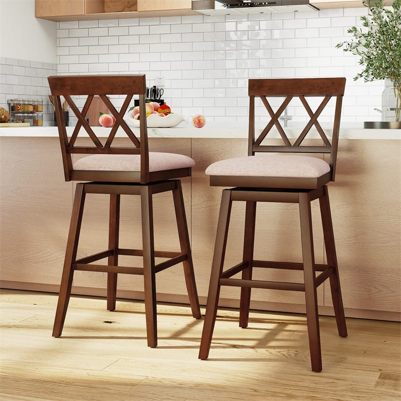 Swivel Bar Stools Set of 2, 29" Bar Height Chairs with Back, Padded Seat & Rubber Wood Frame, Farmhouse Barstools for Kitchen Island
