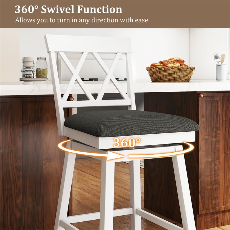 Swivel Bar Stools Set of 2, 29" Bar Height Chairs with Back, Padded Seat & Rubber Wood Frame, Farmhouse Barstools for Kitchen Island