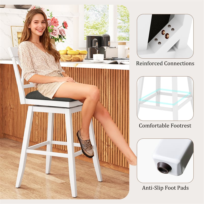 Swivel Bar Stools Set of 2, 29" Bar Height Chairs with Back, Padded Seat & Rubber Wood Frame, Farmhouse Barstools for Kitchen Island