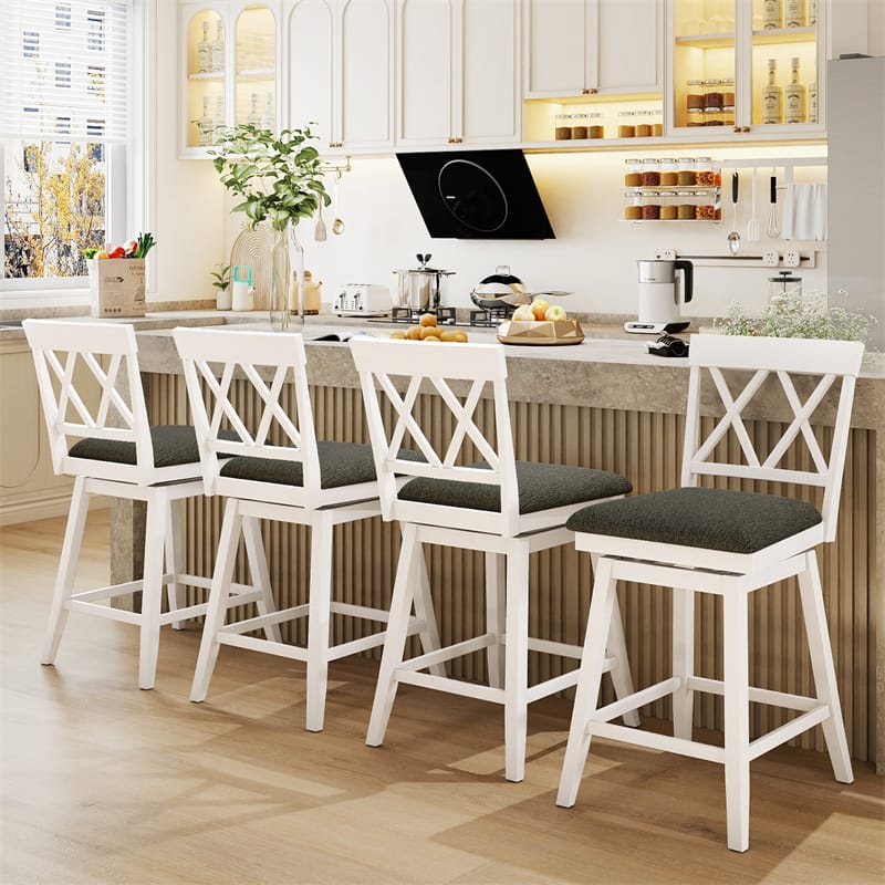 Swivel Bar Stools Set of 2, 24" Counter Height Chairs with Back, Padded Seat & Rubber Wood Frame, Farmhouse Barstools for Kitchen Island