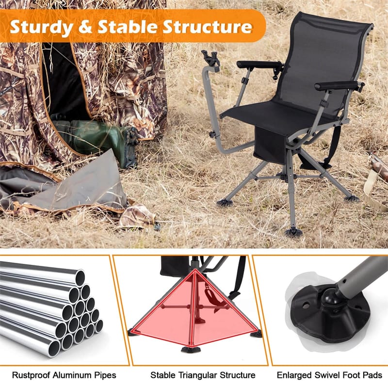 360° Swivel Hunting Chair, Portable Deer Blind Chair Sniper Seat with Adjustable Shooting Rest, Extendable Aluminum Legs & Carrying Strap for Camping