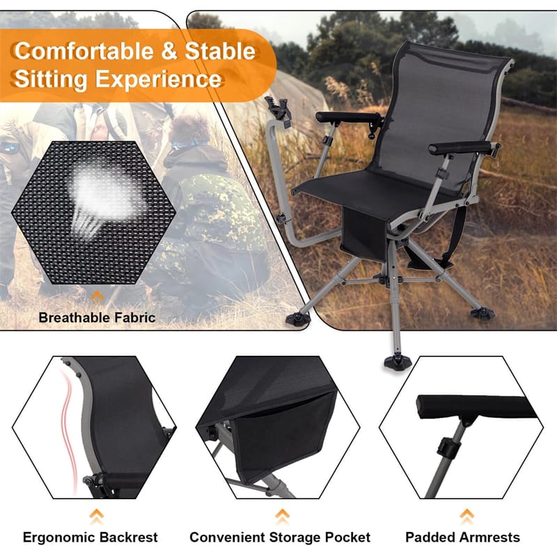 360° Swivel Hunting Chair, Portable Deer Blind Chair Sniper Seat with Adjustable Shooting Rest, Extendable Aluminum Legs & Carrying Strap for Camping