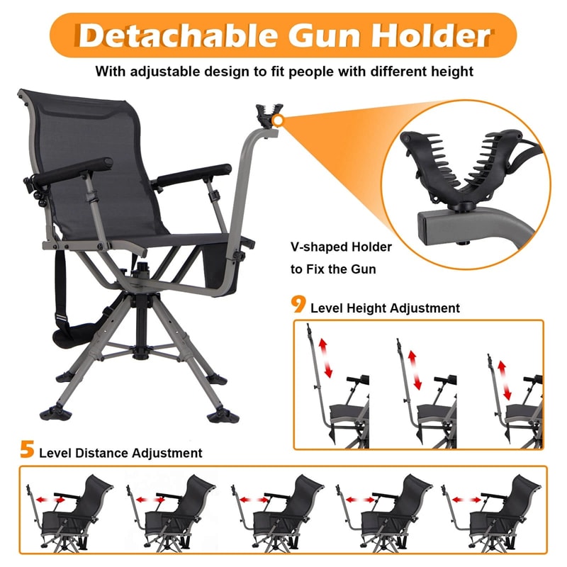 360° Swivel Hunting Chair, Portable Deer Blind Chair Sniper Seat with Adjustable Shooting Rest, Extendable Aluminum Legs & Carrying Strap for Camping