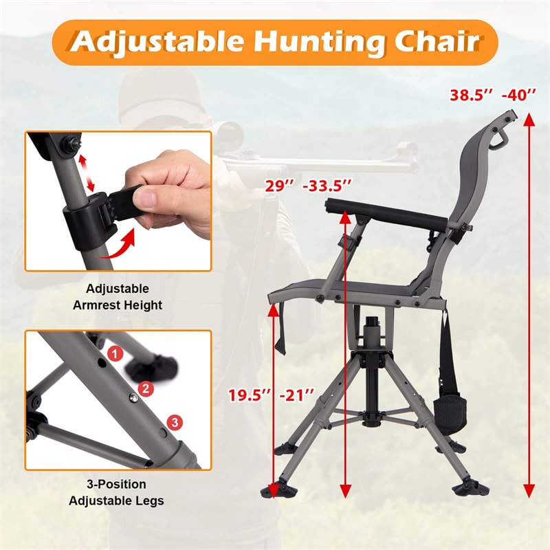 360° Swivel Hunting Chair, Portable Deer Blind Chair Sniper Seat with Adjustable Shooting Rest, Extendable Aluminum Legs & Carrying Strap for Camping