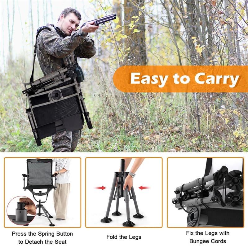 360° Swivel Hunting Chair, Portable Deer Blind Chair Sniper Seat with Adjustable Shooting Rest, Extendable Aluminum Legs & Carrying Strap for Camping