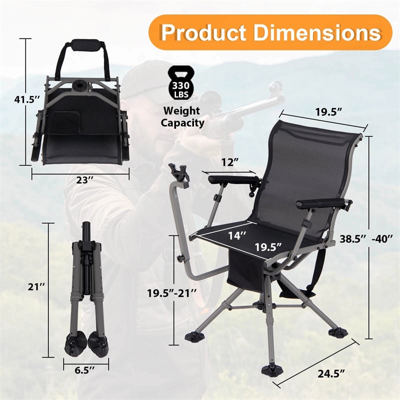360° Swivel Hunting Chair, Portable Deer Blind Chair Sniper Seat with Adjustable Shooting Rest, Extendable Aluminum Legs & Carrying Strap for Camping