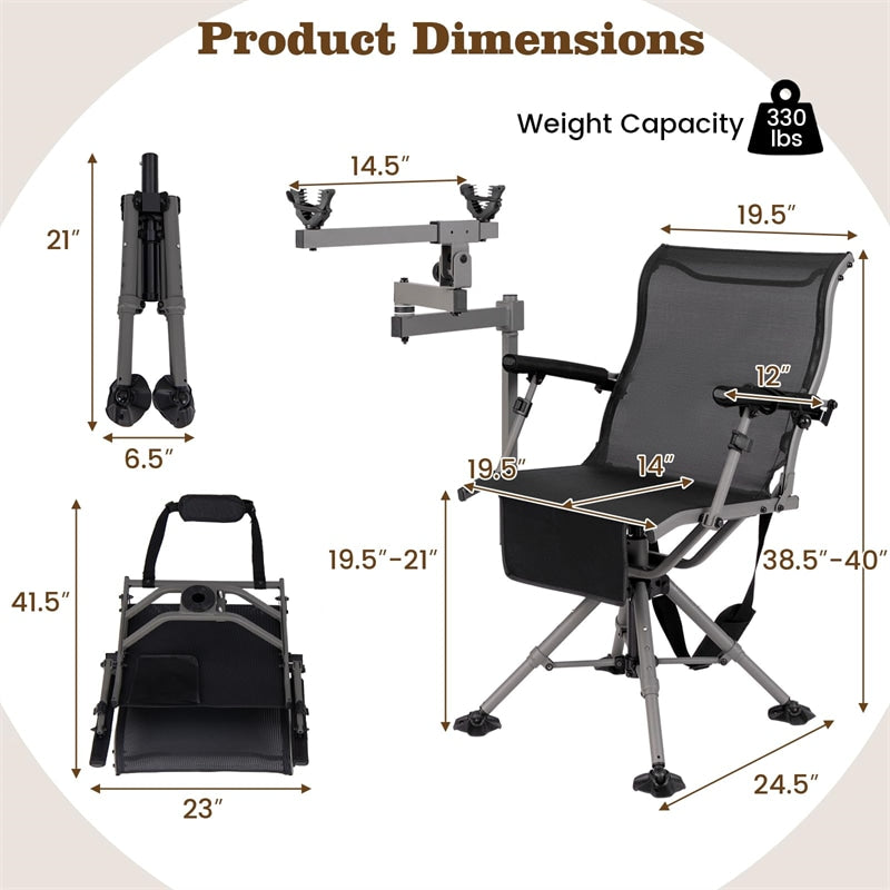 360° Swivel Hunting Chair, Folding Deer Blind Chair with Shooting Rest & Adjustable Armrests, 330LB Capacity All-Terrain Duck Feet for Outdoor Camping