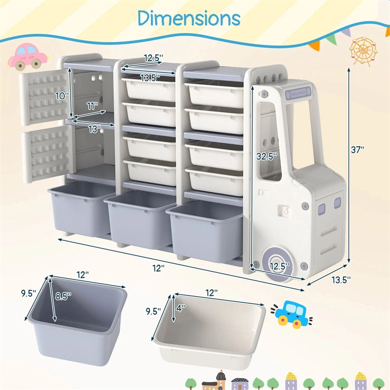 Truck-Shaped Kids Toy Storage Organizer with 11 Removable Bins, 2 Cabinets & Top Shelf, Toddler Bookshelf for Playroom & Kids Room