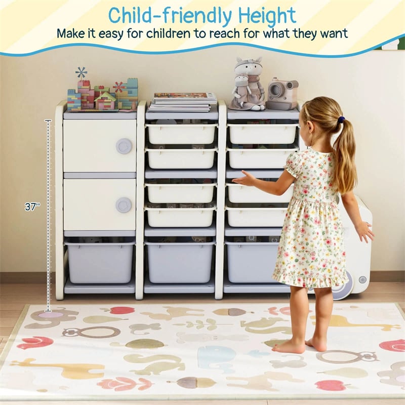 Truck-Shaped Kids Toy Storage Organizer with 11 Removable Bins, 2 Cabinets & Top Shelf, Toddler Bookshelf for Playroom & Kids Room