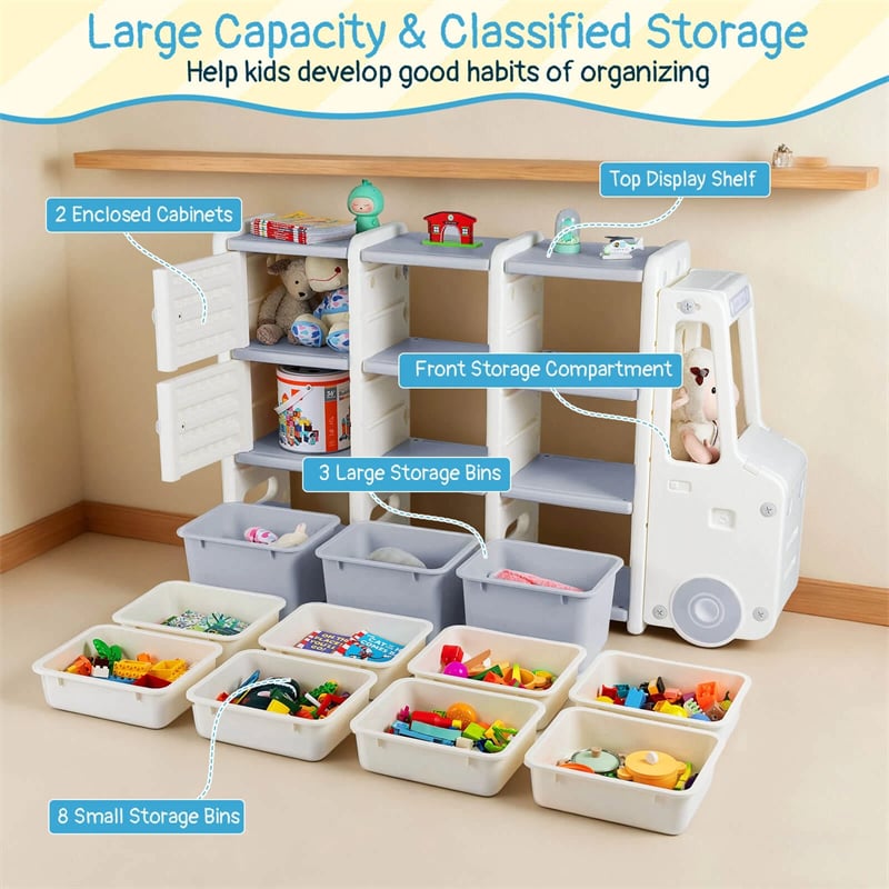 Truck-Shaped Kids Toy Storage Organizer with 11 Removable Bins, 2 Cabinets & Top Shelf, Toddler Bookshelf for Playroom & Kids Room
