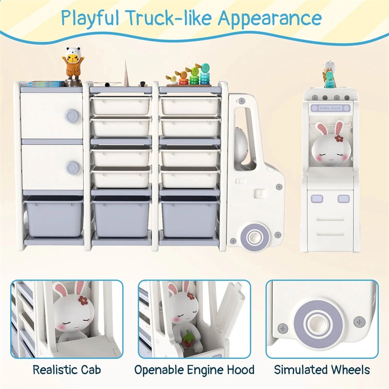 Truck-Shaped Kids Toy Storage Organizer with 11 Removable Bins, 2 Cabinets & Top Shelf, Toddler Bookshelf for Playroom & Kids Room