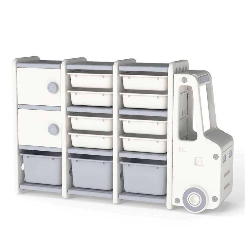 Truck-Shaped Kids Toy Storage Organizer with 11 Removable Bins, 2 Cabinets & Top Shelf, Toddler Bookshelf for Playroom & Kids Room