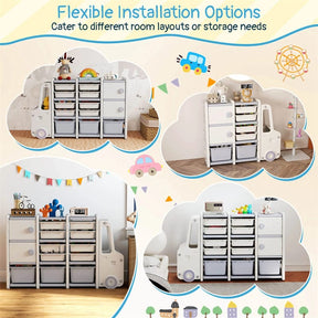 Truck-Shaped Kids Toy Storage Organizer with 11 Removable Bins, 2 Cabinets & Top Shelf, Toddler Bookshelf for Playroom & Kids Room