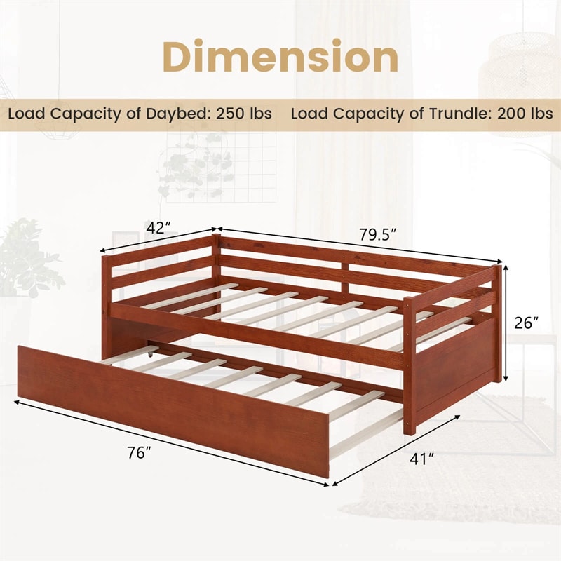 Twin Daybed with Trundle, Wooden Trundle Platform Bed Frame with Wood Slat Support for Guest, Kids & Living Rooms, No Box Spring Needed