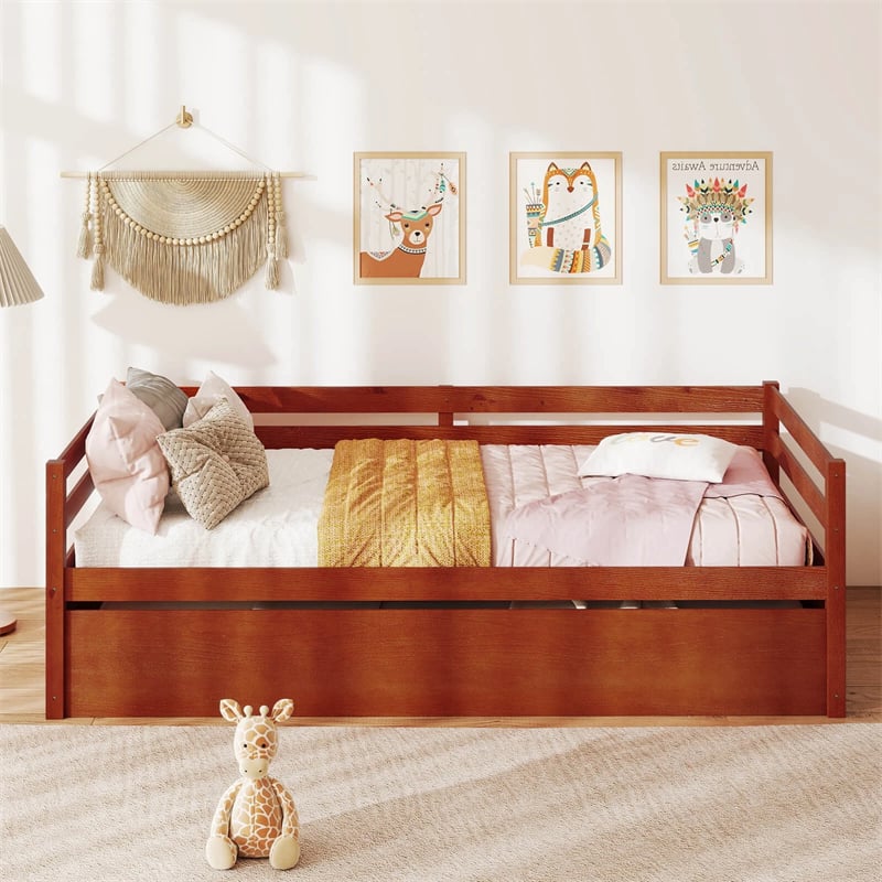 Twin Daybed with Trundle, Wooden Trundle Platform Bed Frame with Wood Slat Support for Guest, Kids & Living Rooms, No Box Spring Needed