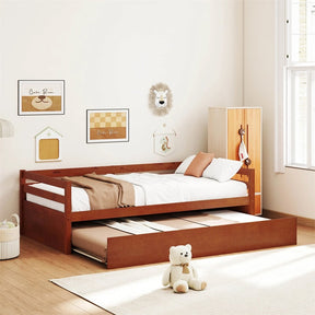Twin Daybed with Trundle, Wooden Trundle Platform Bed Frame with Wood Slat Support for Guest, Kids & Living Rooms, No Box Spring Needed