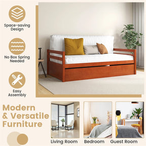 Twin Daybed with Trundle, Wooden Trundle Platform Bed Frame with Wood Slat Support for Guest, Kids & Living Rooms, No Box Spring Needed