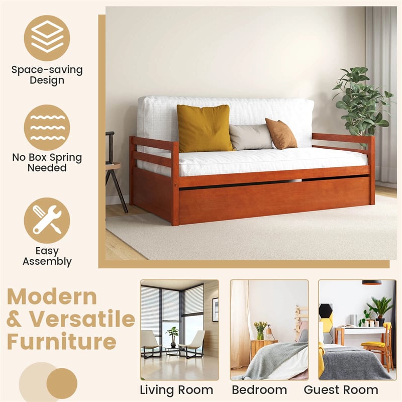 Twin Daybed with Trundle, Wooden Trundle Platform Bed Frame with Wood Slat Support for Guest, Kids & Living Rooms, No Box Spring Needed