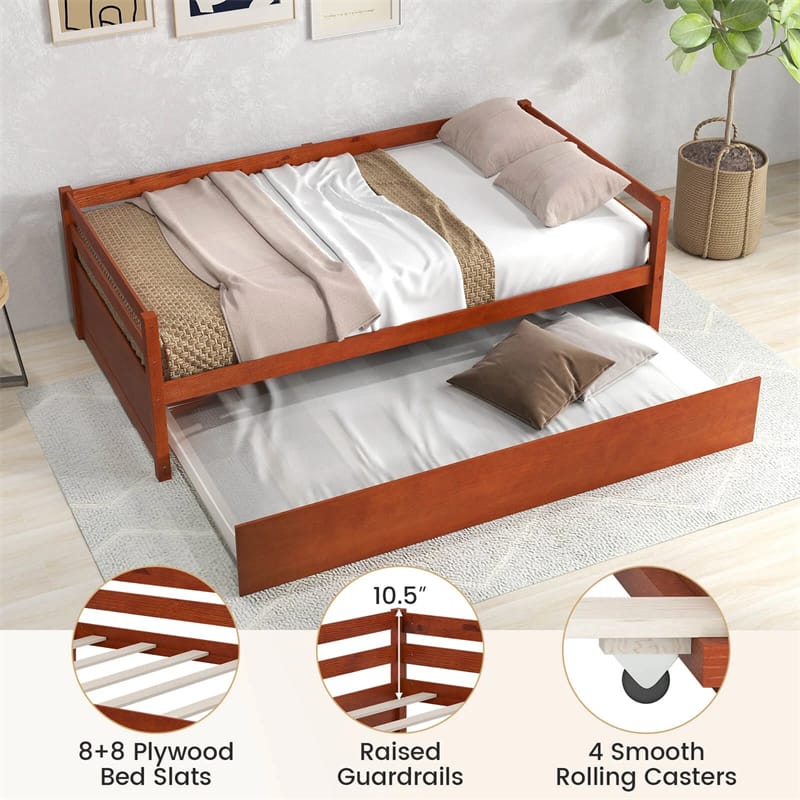 Twin Daybed with Trundle, Wooden Trundle Platform Bed Frame with Wood Slat Support for Guest, Kids & Living Rooms, No Box Spring Needed