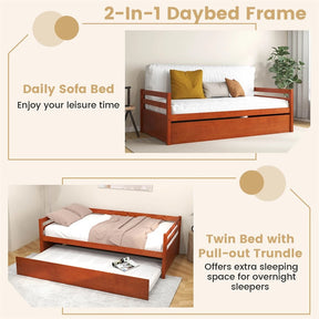 Twin Daybed with Trundle, Wooden Trundle Platform Bed Frame with Wood Slat Support for Guest, Kids & Living Rooms, No Box Spring Needed