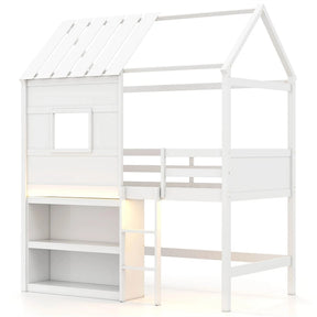 Twin Loft Bed with LED Lights, Wooden House Bed with Roof, Window, Storage Bookshelf, Ladder, Safety Guardrails & Under-Bed Play Space for Kids