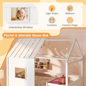 Twin Loft Bed with LED Lights, Wooden House Bed with Roof, Window, Storage Bookshelf, Ladder, Safety Guardrails & Under-Bed Play Space for Kids