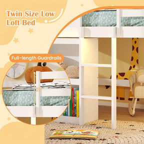 Twin Loft Bed with LED Lights, Wooden House Bed with Roof, Window, Storage Bookshelf, Ladder, Safety Guardrails & Under-Bed Play Space for Kids