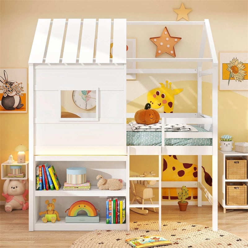 Twin Loft Bed with LED Lights, Wooden House Bed with Roof, Window, Storage Bookshelf, Ladder, Safety Guardrails & Under-Bed Play Space for Kids