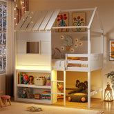 Twin Loft Bed with LED Lights, Wooden House Bed with Roof, Window, Storage Bookshelf, Ladder, Safety Guardrails & Under-Bed Play Space for Kids