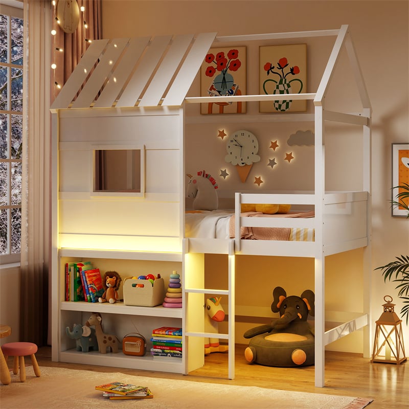 Twin Loft Bed with LED Lights, Wooden House Bed with Roof, Window, Storage Bookshelf, Ladder, Safety Guardrails & Under-Bed Play Space for Kids