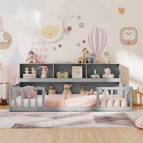 Twin Montessori Floor Bed, Wood Floor Bed Frame with Bookcase, Storage Shelves & Safety Fence Rails for Kids, No Box Spring Needed