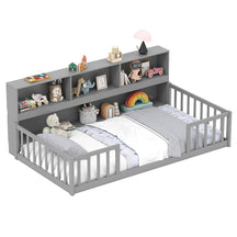 Twin Montessori Floor Bed, Wood Floor Bed Frame with Bookcase, Storage Shelves & Safety Fence Rails for Kids, No Box Spring Needed