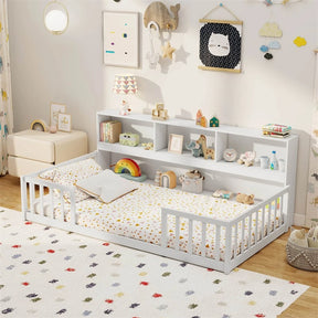 Twin Montessori Floor Bed, Wood Floor Bed Frame with Bookcase, Storage Shelves & Safety Fence Rails for Kids, No Box Spring Needed