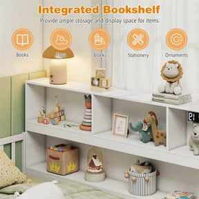 Twin Montessori Floor Bed, Wood Floor Bed Frame with Bookcase, Storage Shelves & Safety Fence Rails for Kids, No Box Spring Needed
