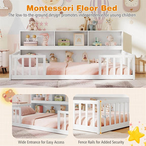 Twin Montessori Floor Bed, Wood Floor Bed Frame with Bookcase, Storage Shelves & Safety Fence Rails for Kids, No Box Spring Needed
