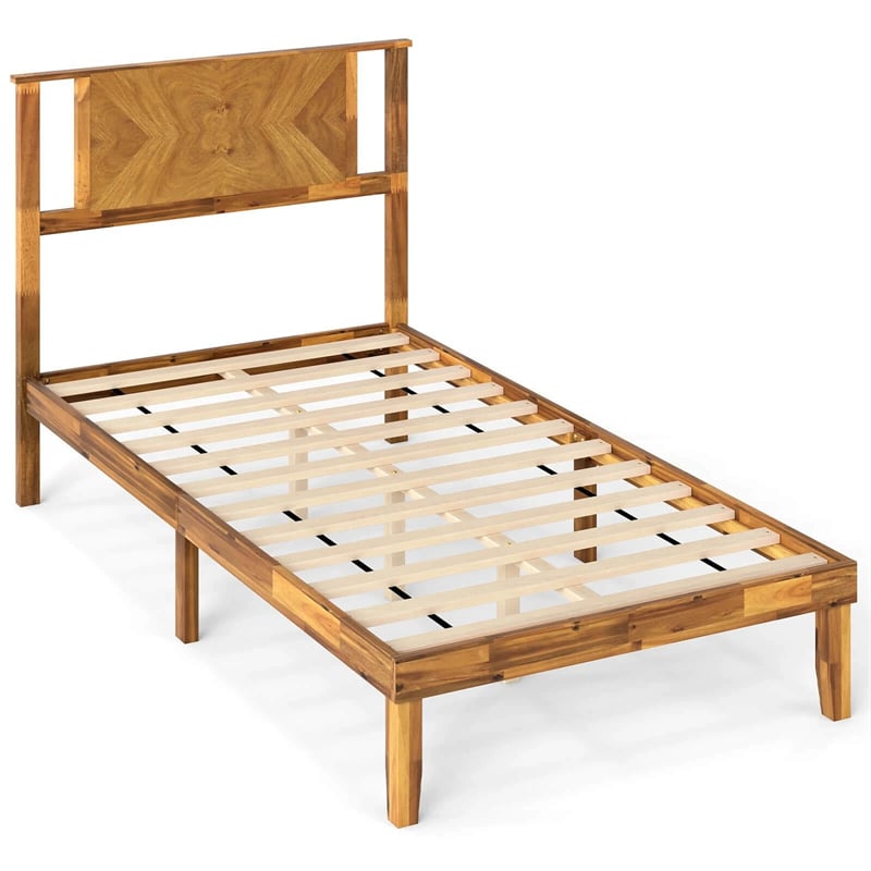 Twin/Full/Queen Size Acacia Wood Platform Bed Frame with Headboard, Mid-Century Modern Bed Frame w/Wooden Slats Support & Under-Bed Space